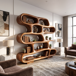 Bookshelf Solid Wood with Sculptural Freeform Loop Shelves for Living Room Display
