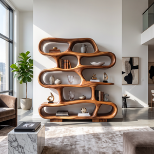 Bookshelf Solid Wood with Sculptural Freeform Loop Shelves for Living Room Display