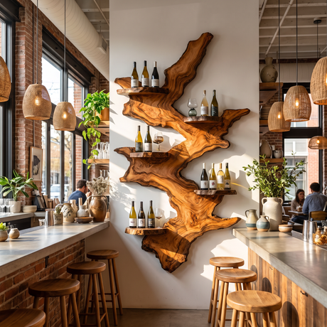 Wall Mounted Wine Rack Solid Wood with Sculptural Live Edge Slab and Floating Shelves