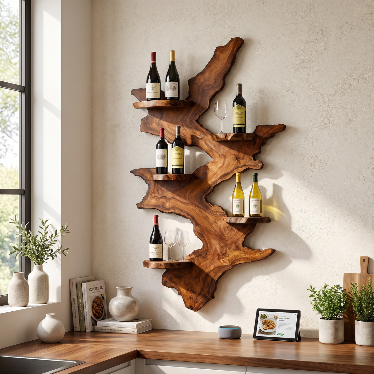 Wall Mounted Wine Rack Solid Wood with Sculptural Live Edge Slab and Floating Shelves