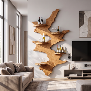 Wall Mounted Wine Rack Solid Wood with Sculptural Live Edge Slab and Floating Shelves