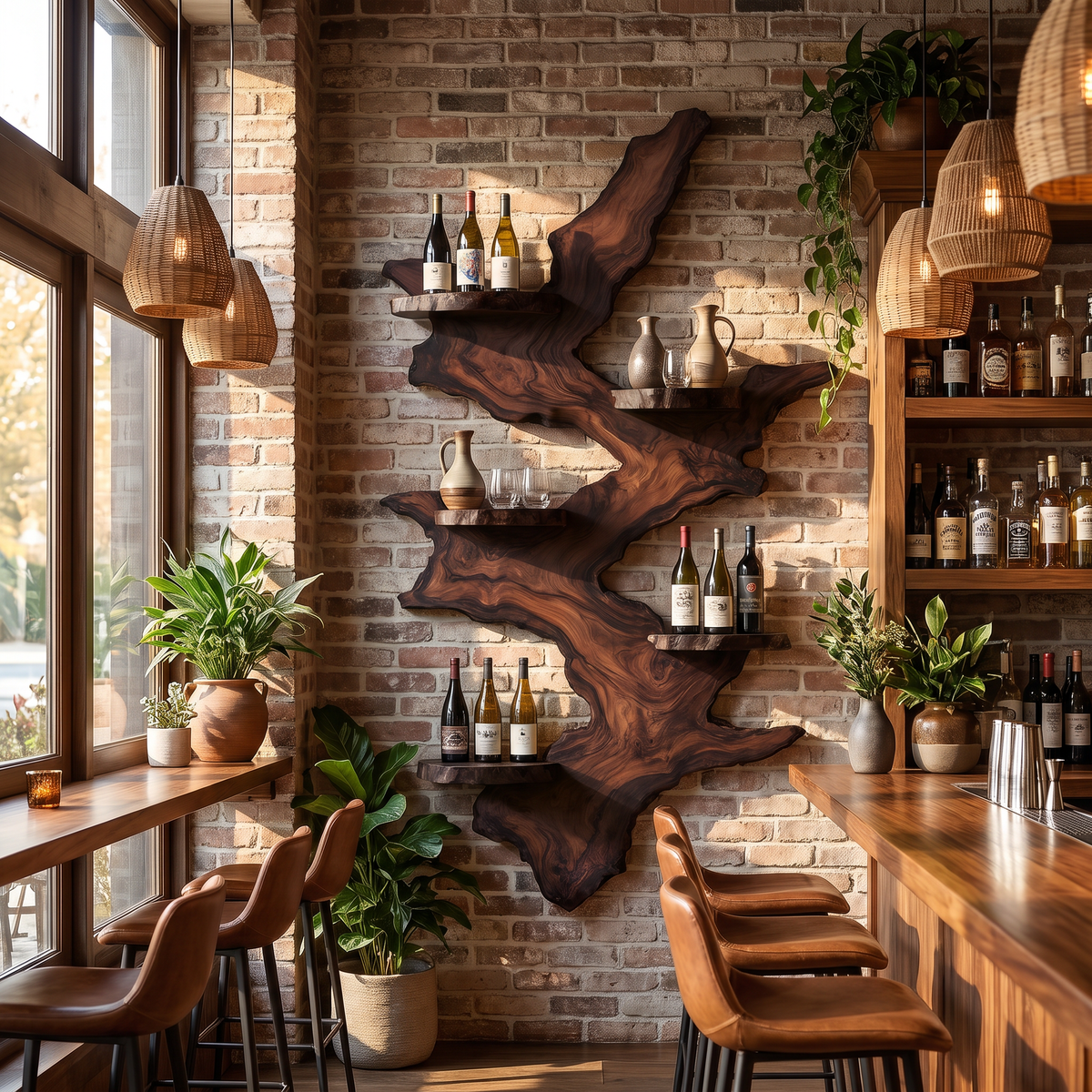 Wall Mounted Wine Rack Solid Wood with Sculptural Live Edge Slab and Floating Shelves