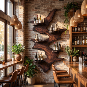 Wall Mounted Wine Rack Solid Wood with Sculptural Live Edge Slab and Floating Shelves