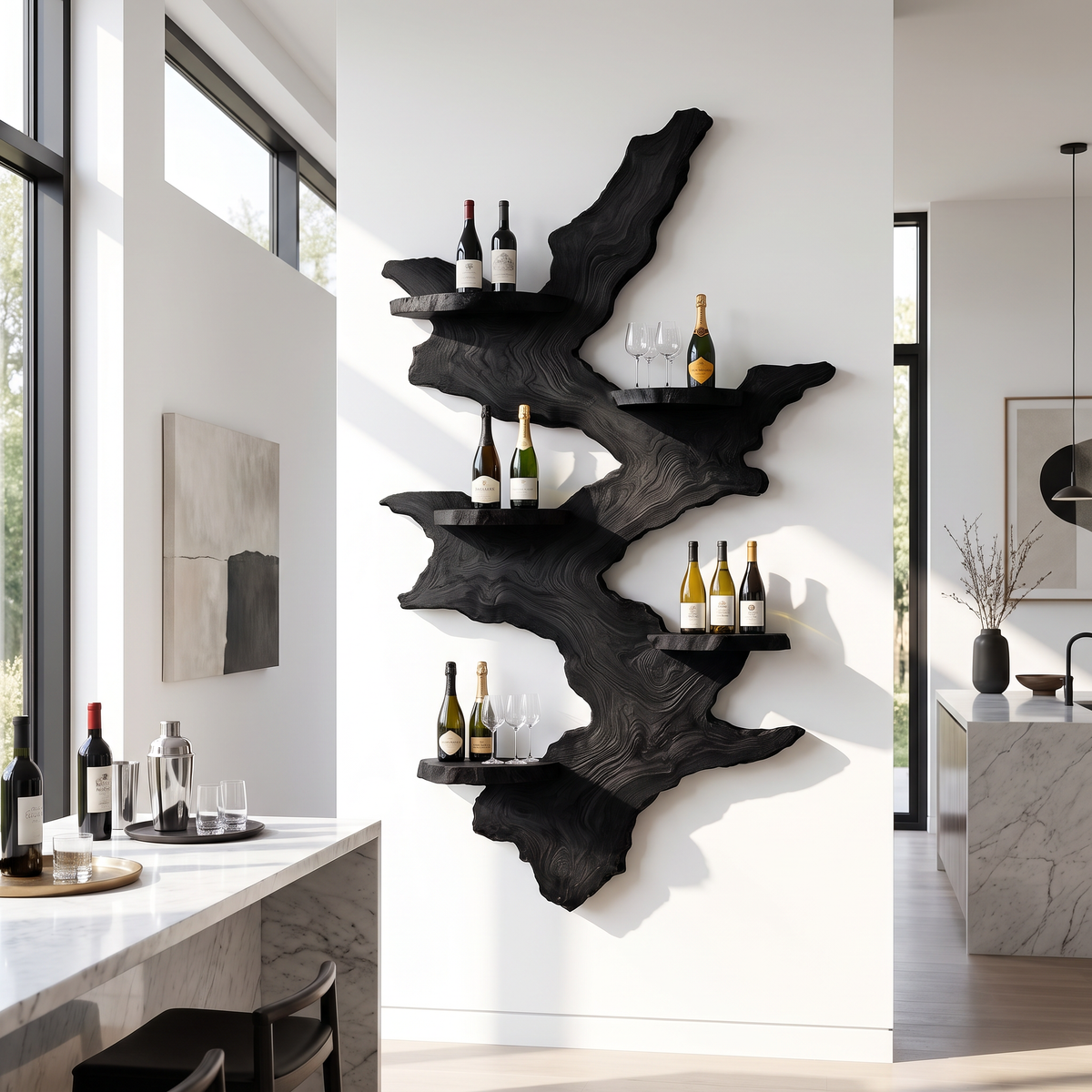 Wall Mounted Wine Rack Solid Wood with Sculptural Live Edge Slab and Floating Shelves