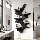 Wall Mounted Wine Rack Solid Wood with Sculptural Live Edge Slab and Floating Shelves