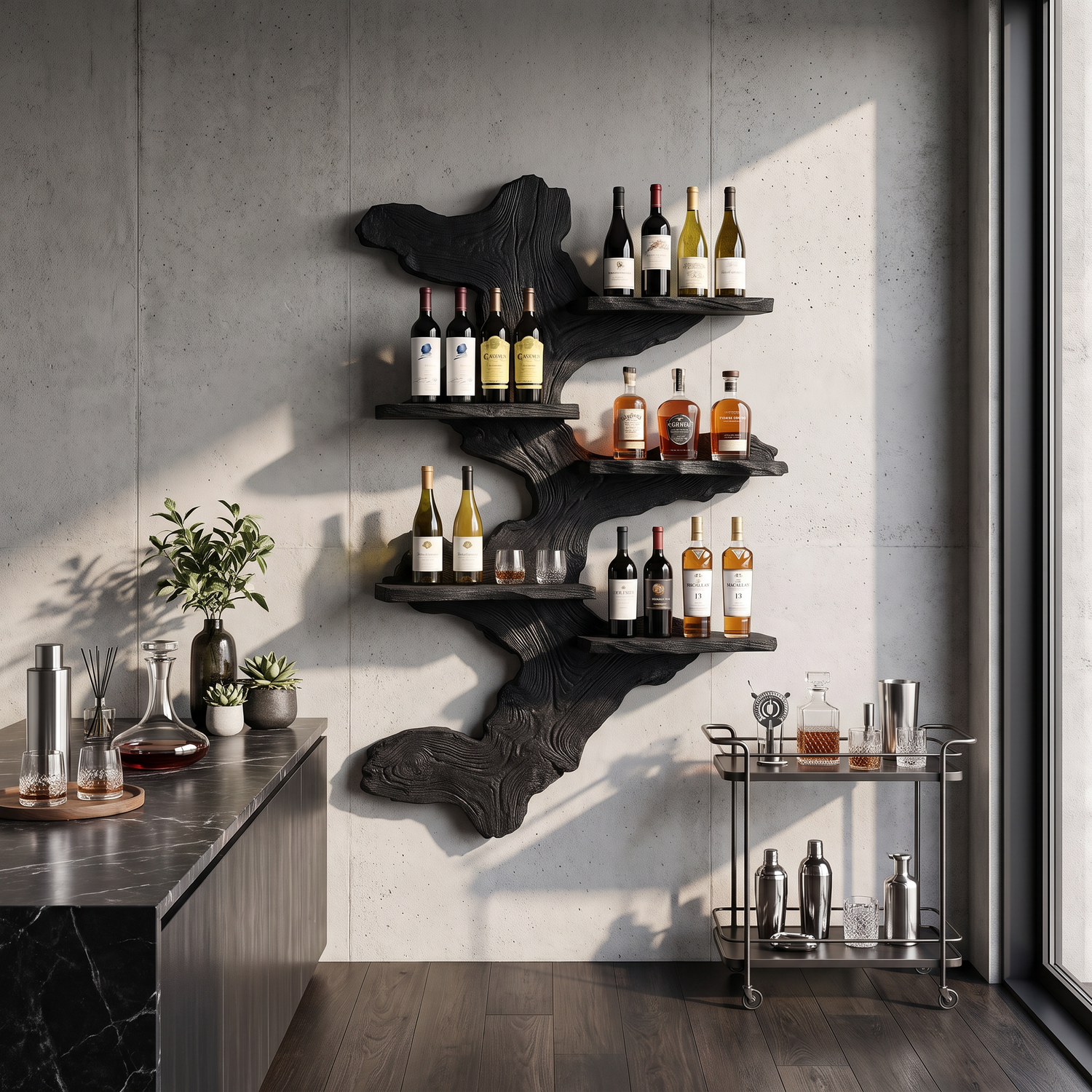 Wall Mounted Wine Rack Solid Wood with Abstract Live Edge Form and Floating Shelves