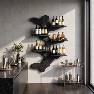 Wall Mounted Wine Rack Solid Wood with Abstract Live Edge Form and Floating Shelves