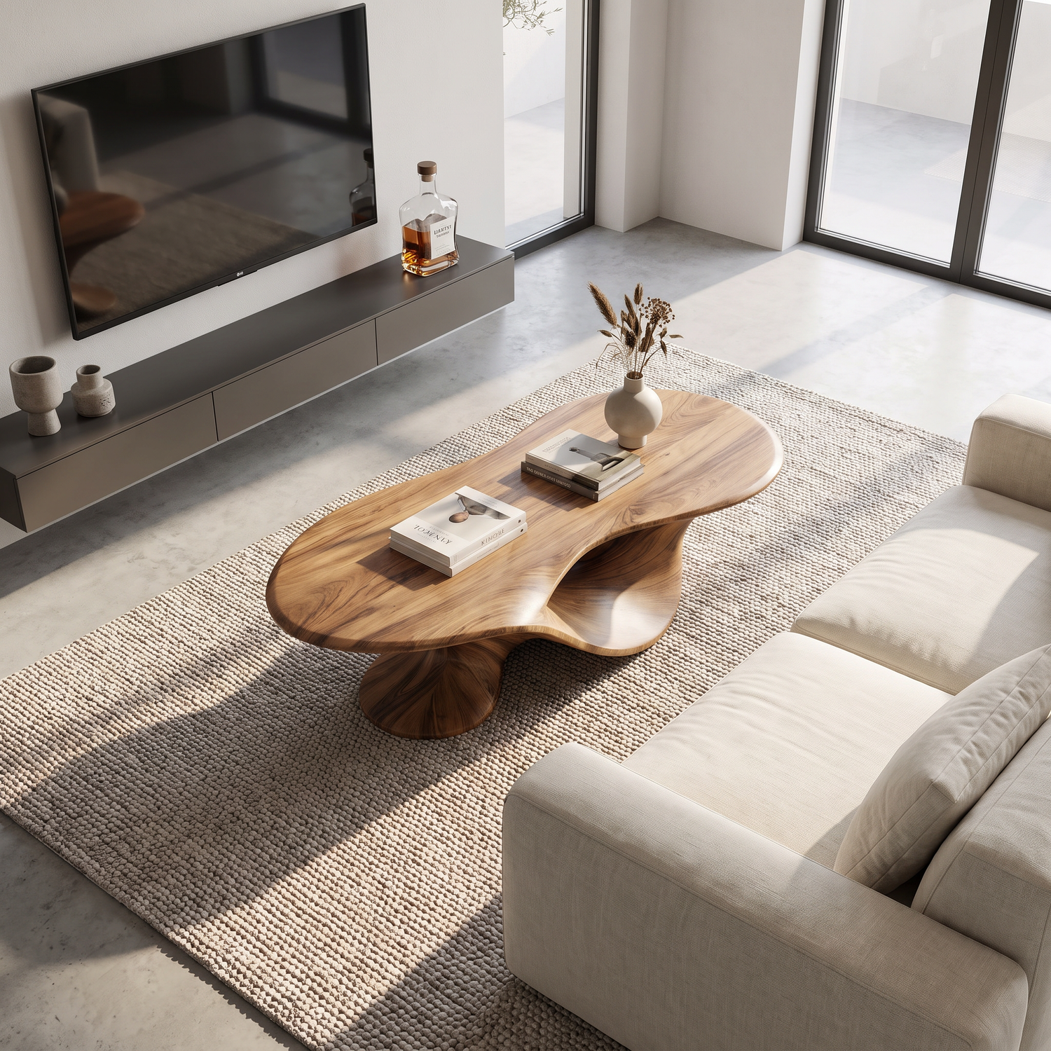 Coffee Table Solid Wood with Sculptural Flowing Arch Base for Living Room