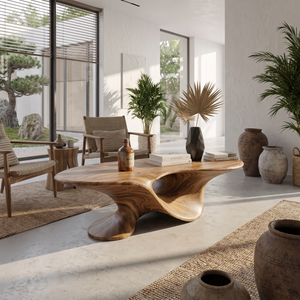 Coffee Table Solid Wood with Sculptural Flowing Arch Base for Living Room