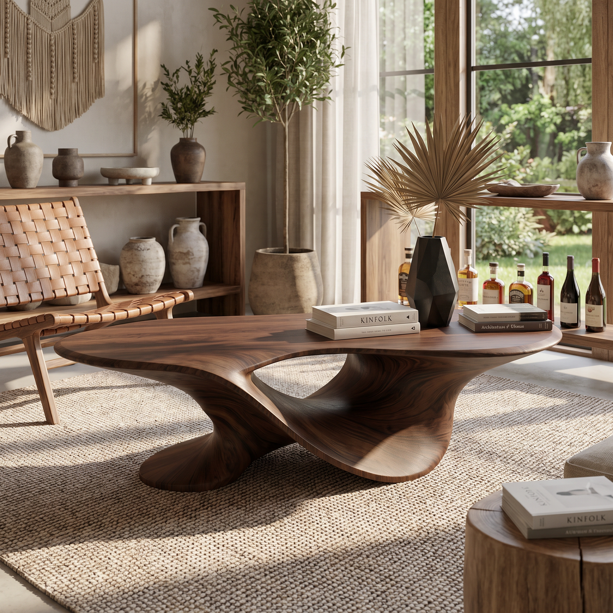 Coffee Table Solid Wood with Sculptural Flowing Arch Base for Living Room