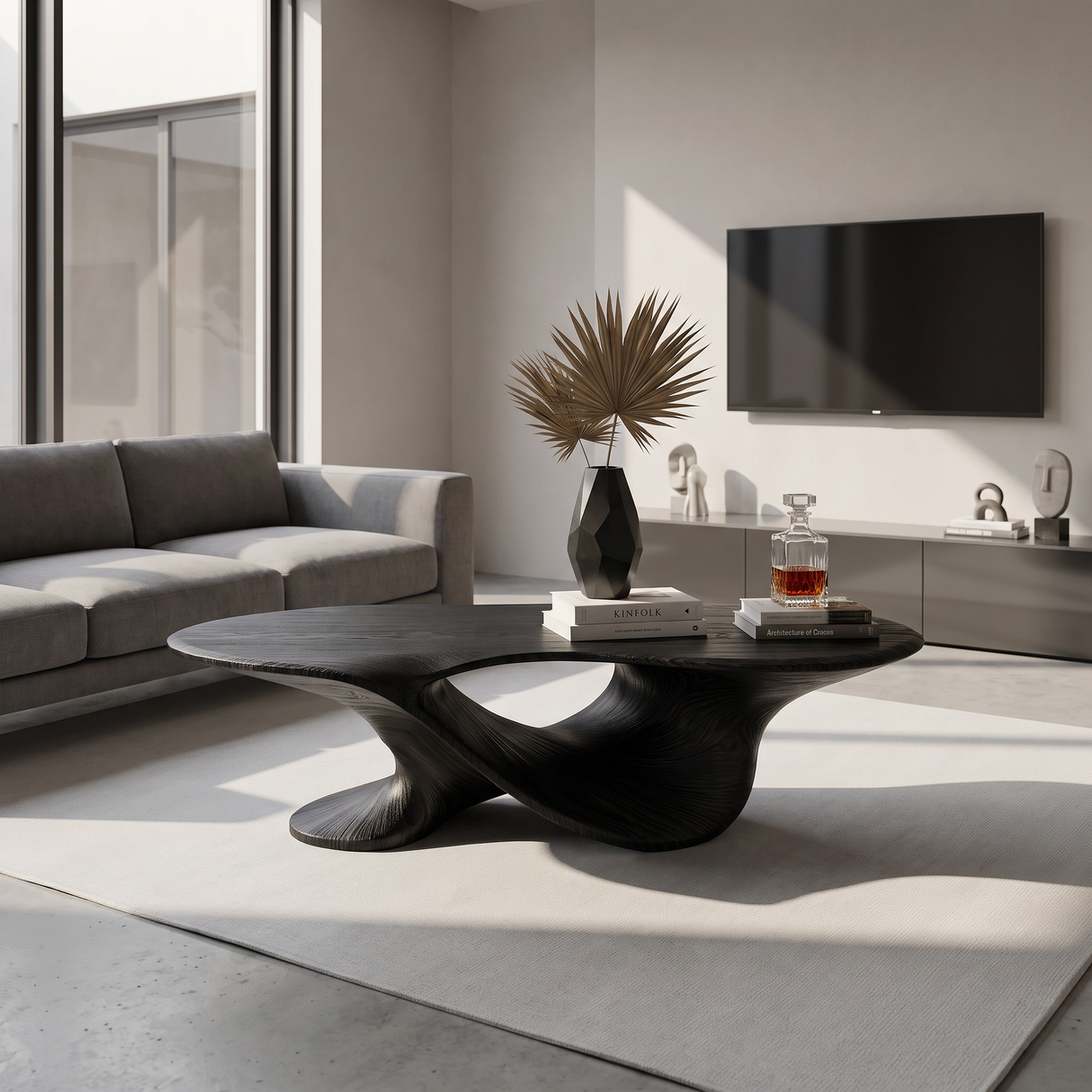 Coffee Table Solid Wood with Sculptural Flowing Arch Base for Living Room