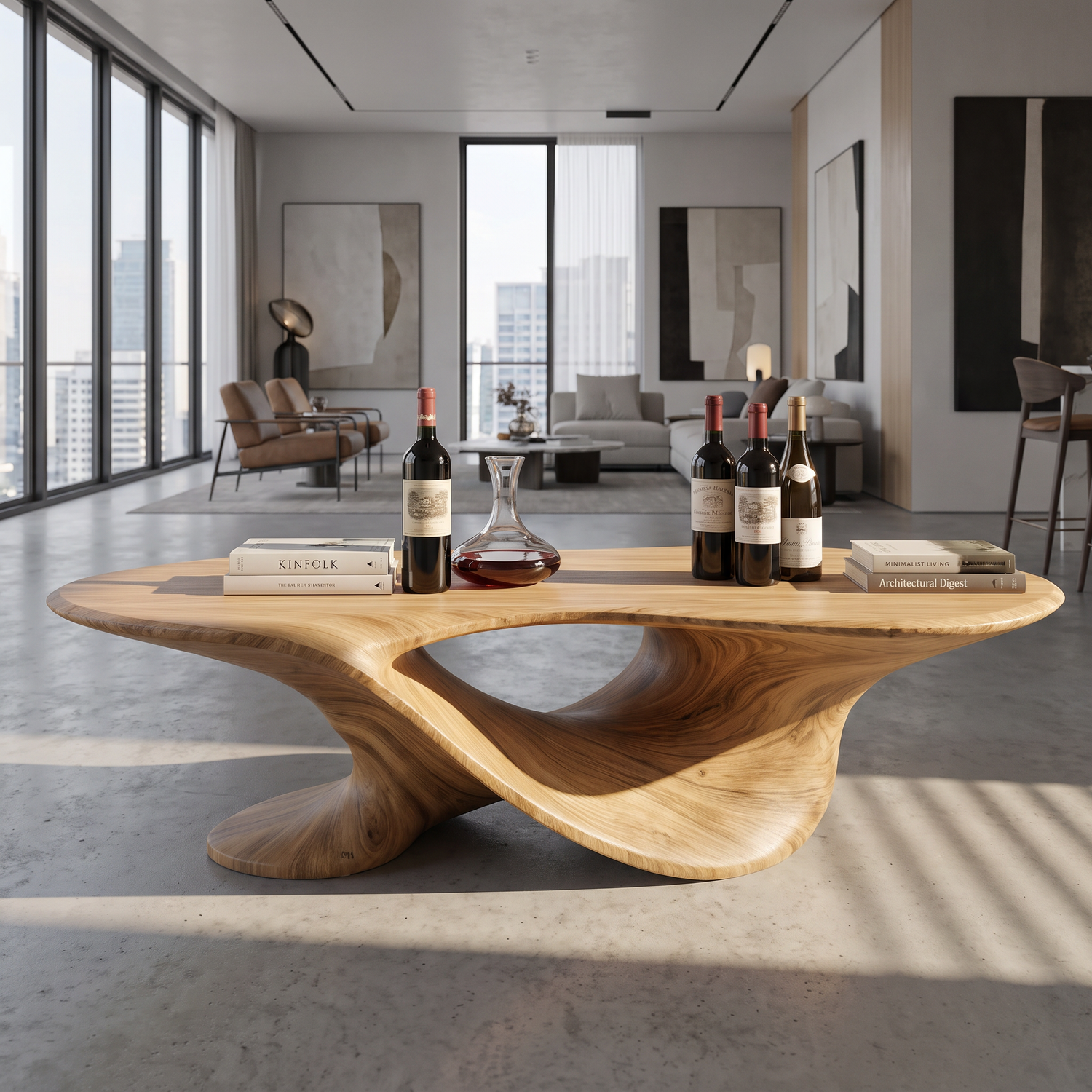 Coffee Table Solid Wood with Sculptural Flowing Arch Base for Living Room