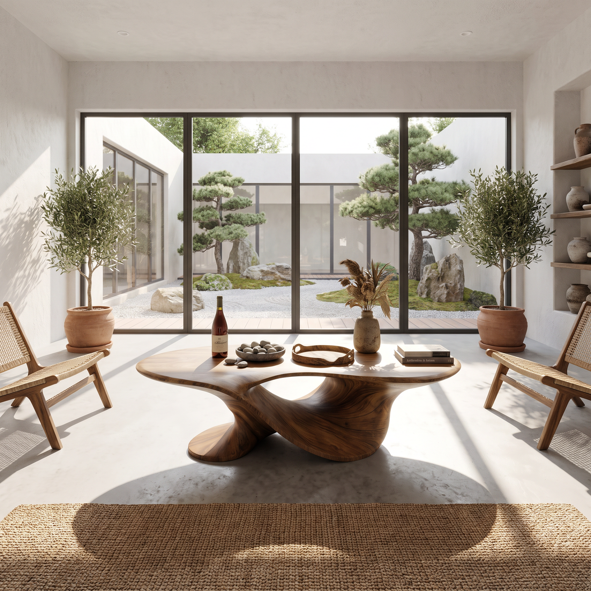 Coffee Table Solid Wood with Sculptural Flowing Arch Base for Living Room