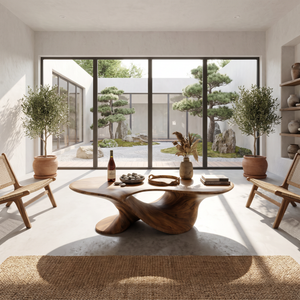 Coffee Table Solid Wood with Sculptural Flowing Arch Base for Living Room