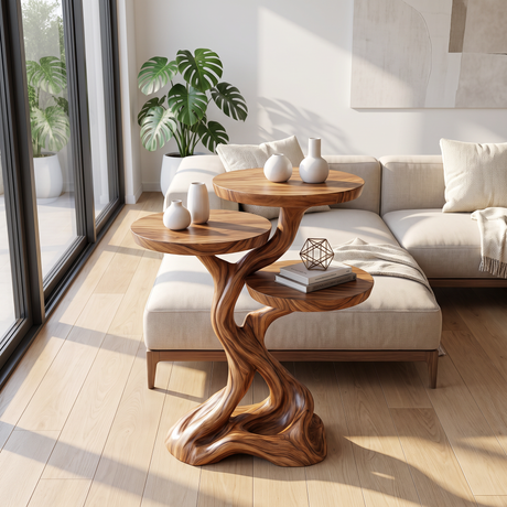 Side Table Solid Wood with Sculptural Tree Branch Base and Three Round Tiers