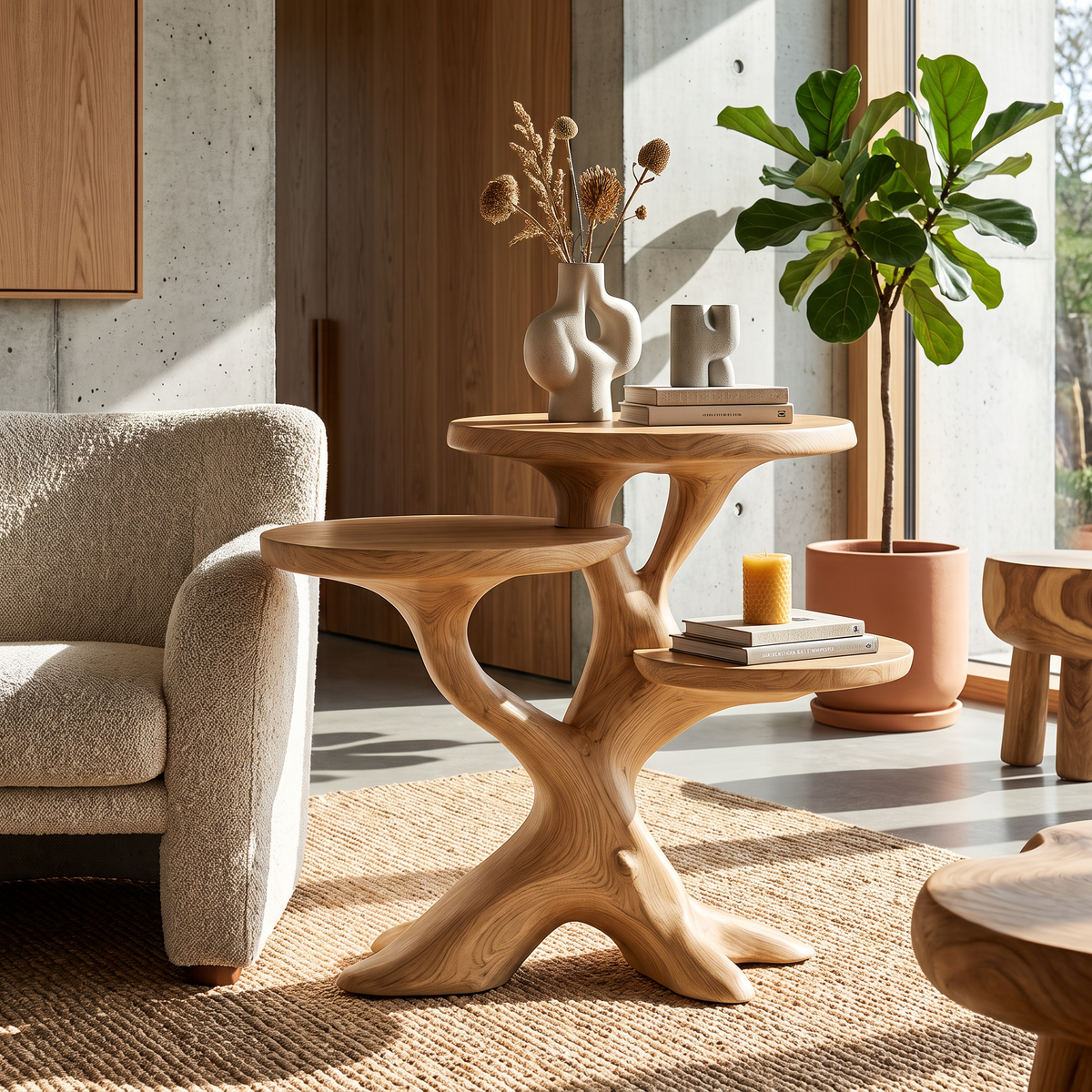 Solid Wood Side Table with Sculptural Tree Branch Base