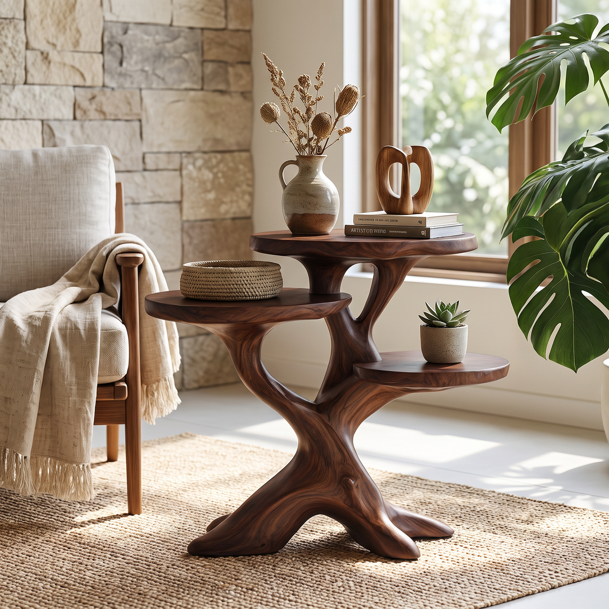 Solid Wood Side Table with Sculptural Tree Branch Base