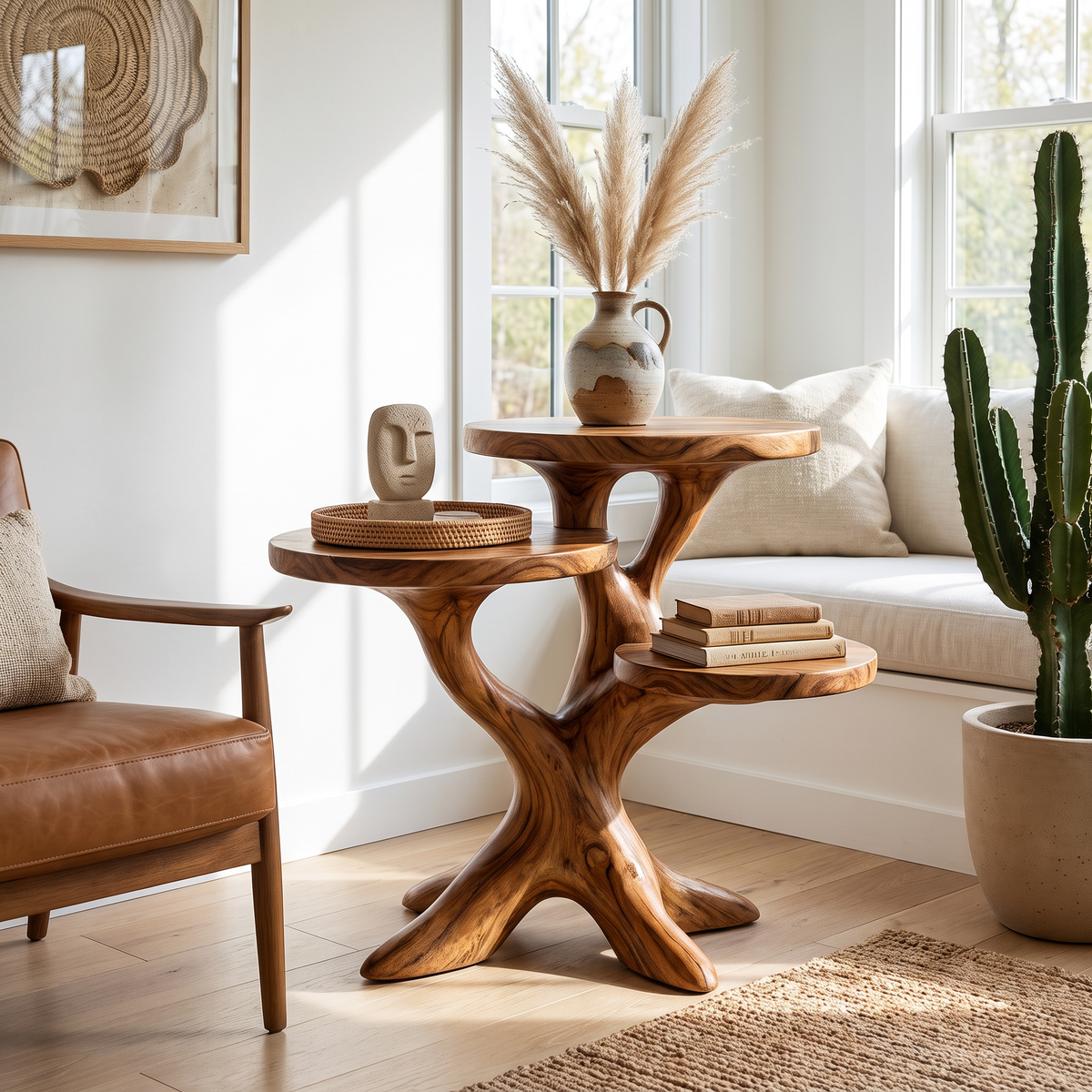 Solid Wood Side Table with Sculptural Tree Branch Base