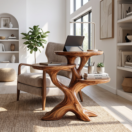 Solid Wood Side Table with Sculptural Tree Branch Base