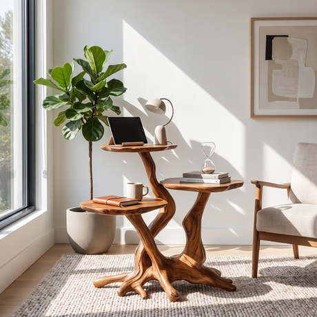 Organic Tiered Side Table Solid Wood with Flowing Root Pedestal for Living Room