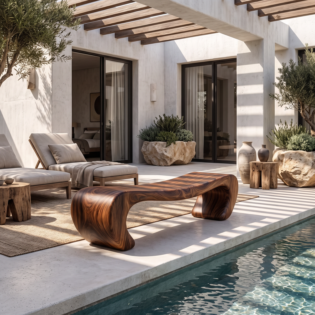 Bench Solid Wood with Sculptural Waterfall Base and Flowing Organic Seat