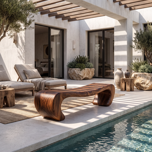 Bench Solid Wood with Sculptural Waterfall Base and Flowing Organic Seat