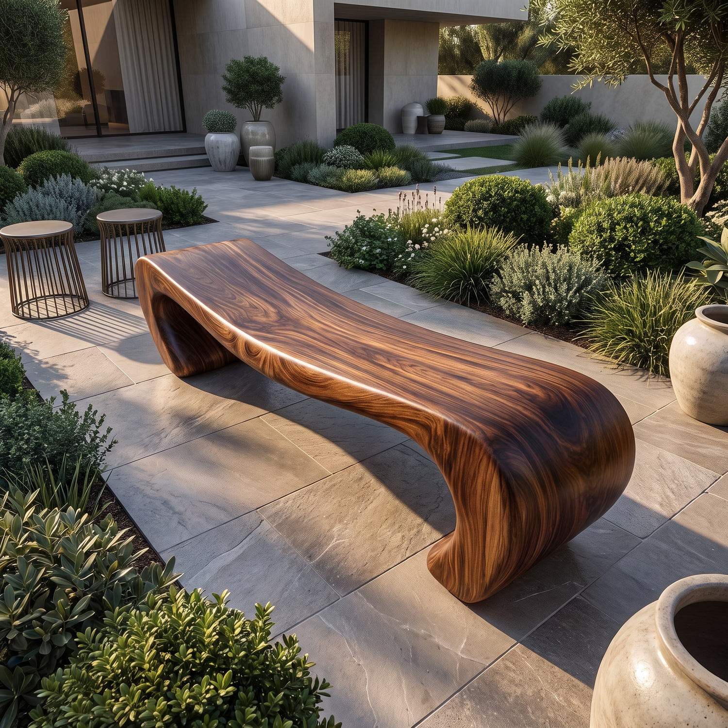 Bench Solid Wood with Sculptural Waterfall Base and Flowing Organic Seat