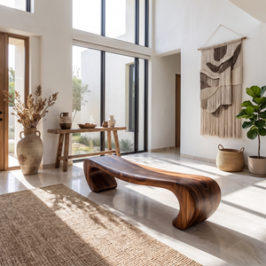 Bench Solid Wood with Sculptural Waterfall Base and Flowing Organic Seat