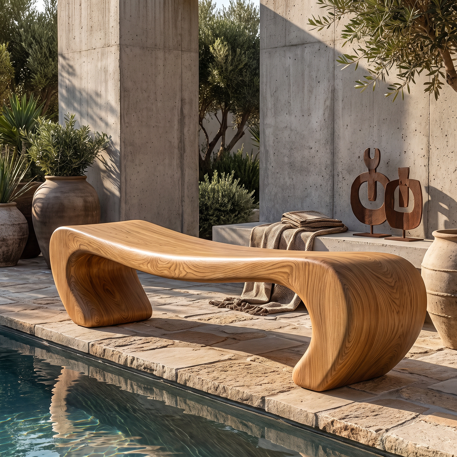 Bench Solid Wood with Sculptural Waterfall Base and Flowing Organic Seat