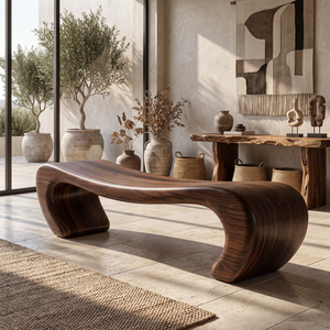 Bench Solid Wood with Sculptural Waterfall Base and Flowing Organic Seat