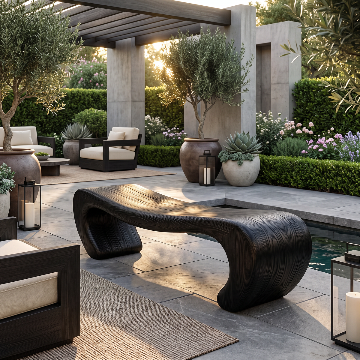 Bench Solid Wood with Sculptural Waterfall Base and Flowing Organic Seat