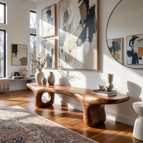 Bench Solid Wood with Sculptural Organic Base and Flowing Live Edge Seat