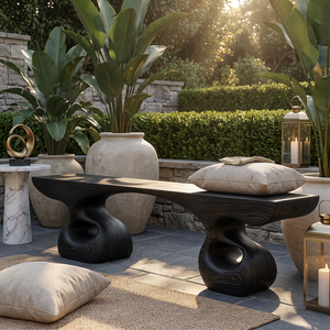 Bench Solid Wood with Sculptural Double Loop Base and Flowing Live Edge Seat