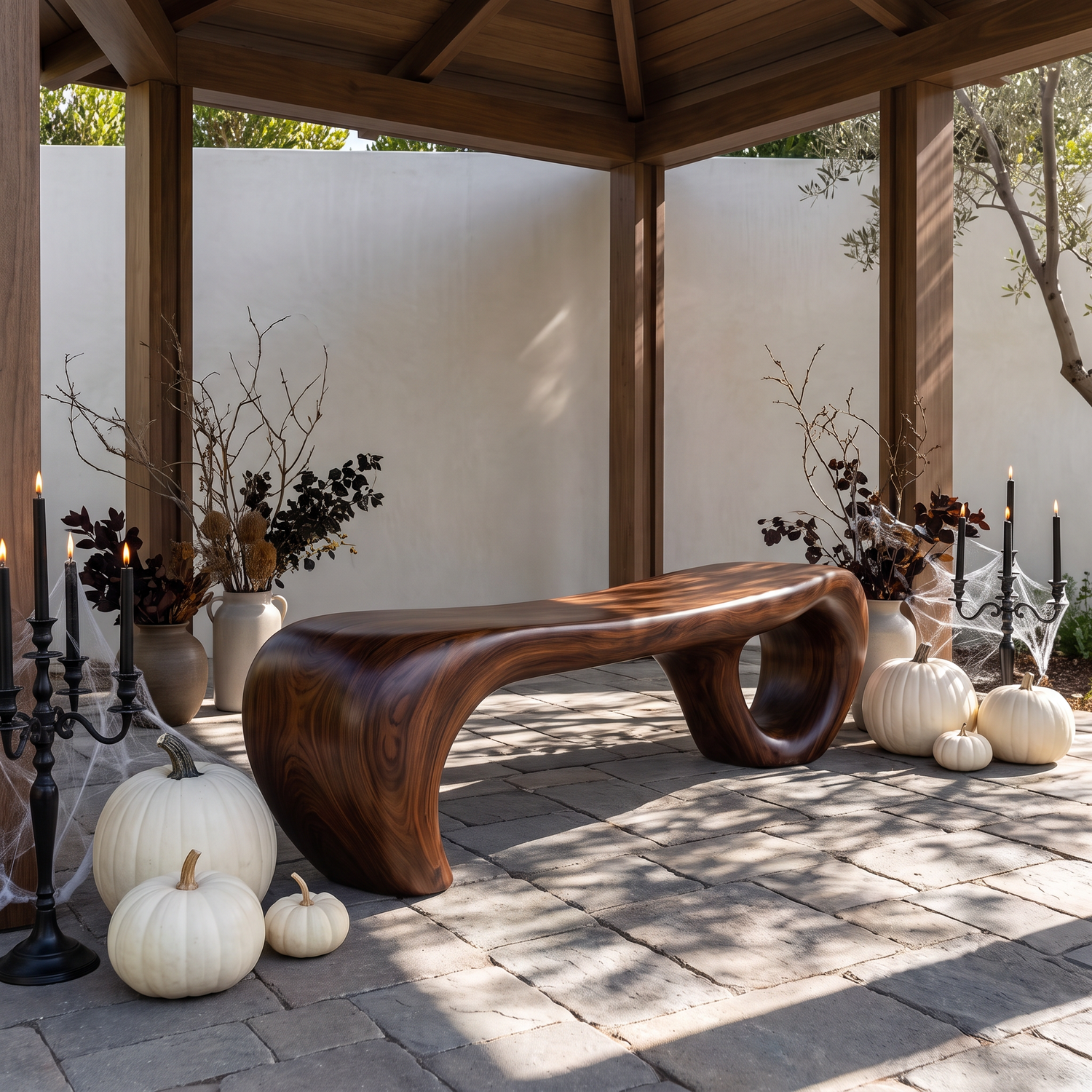 Bench Solid Wood with Sculptural Waterfall Base and Flowing Organic Seat