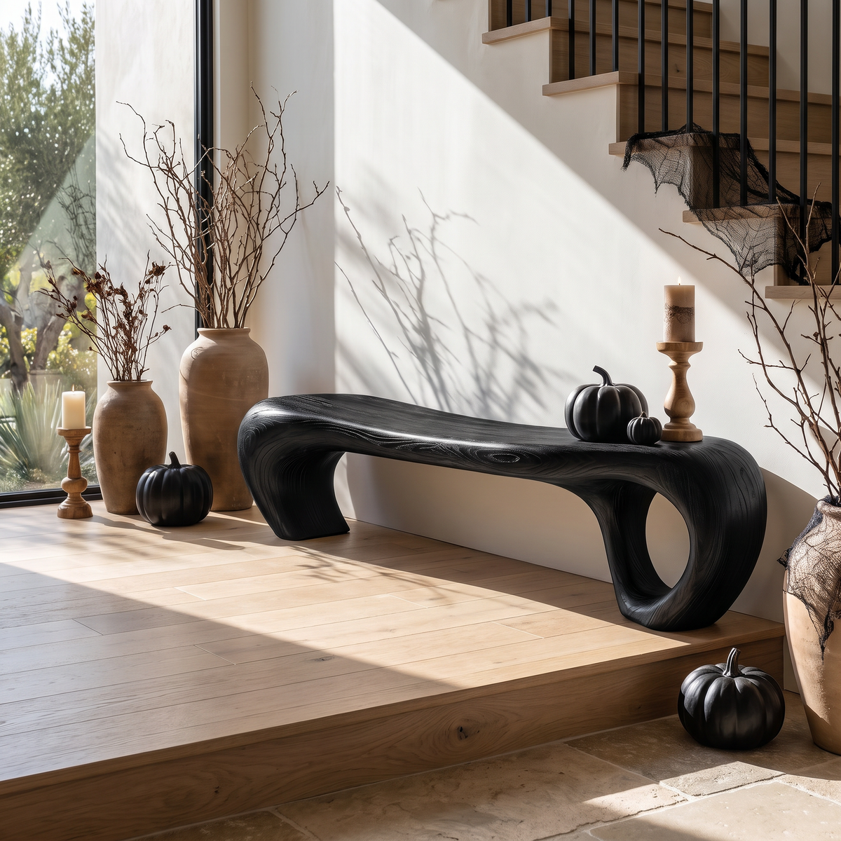 Bench Solid Wood with Sculptural Waterfall Base and Flowing Organic Seat