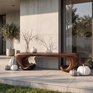 Bench Solid Wood with Sculptural Scroll Base and Flowing Organic Seat