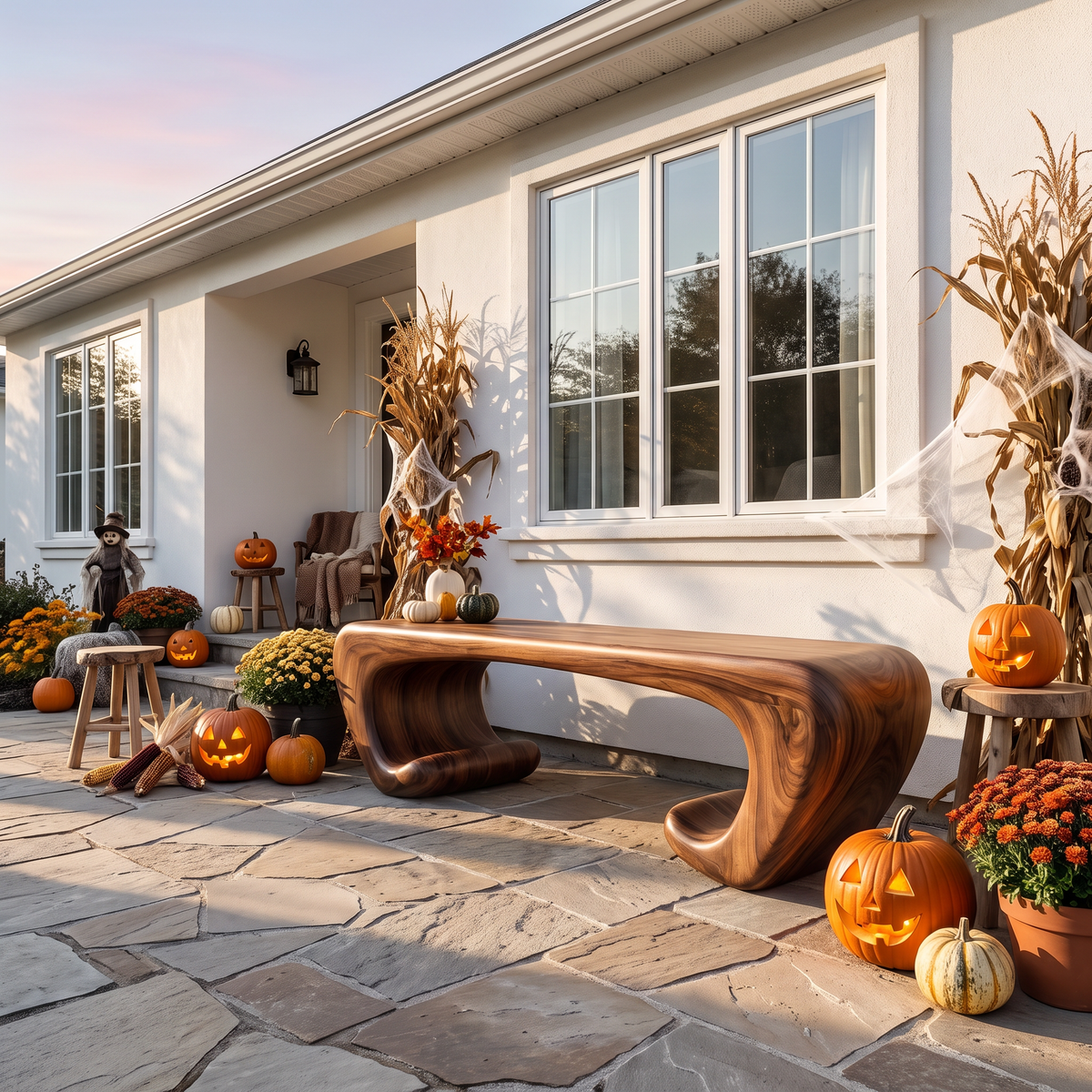 Bench Solid Wood with Sculptural Scroll Base and Flowing Organic Seat