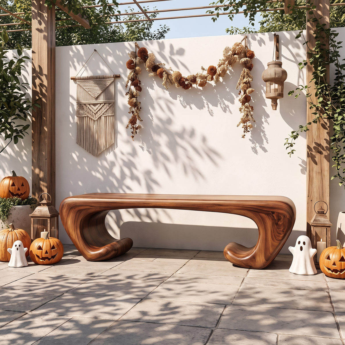 Bench Solid Wood with Sculptural Scroll Base and Flowing Organic Seat