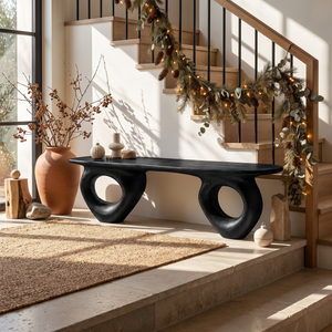 Bench Solid Wood with Sculptural Ring Base and Flowing Live Edge Seat
