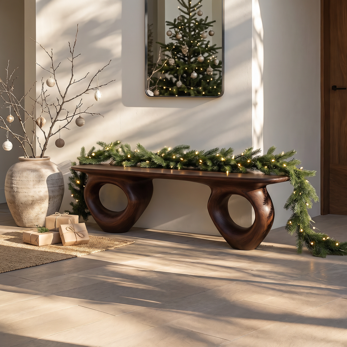 Bench Solid Wood with Sculptural Ring Base and Flowing Live Edge Seat