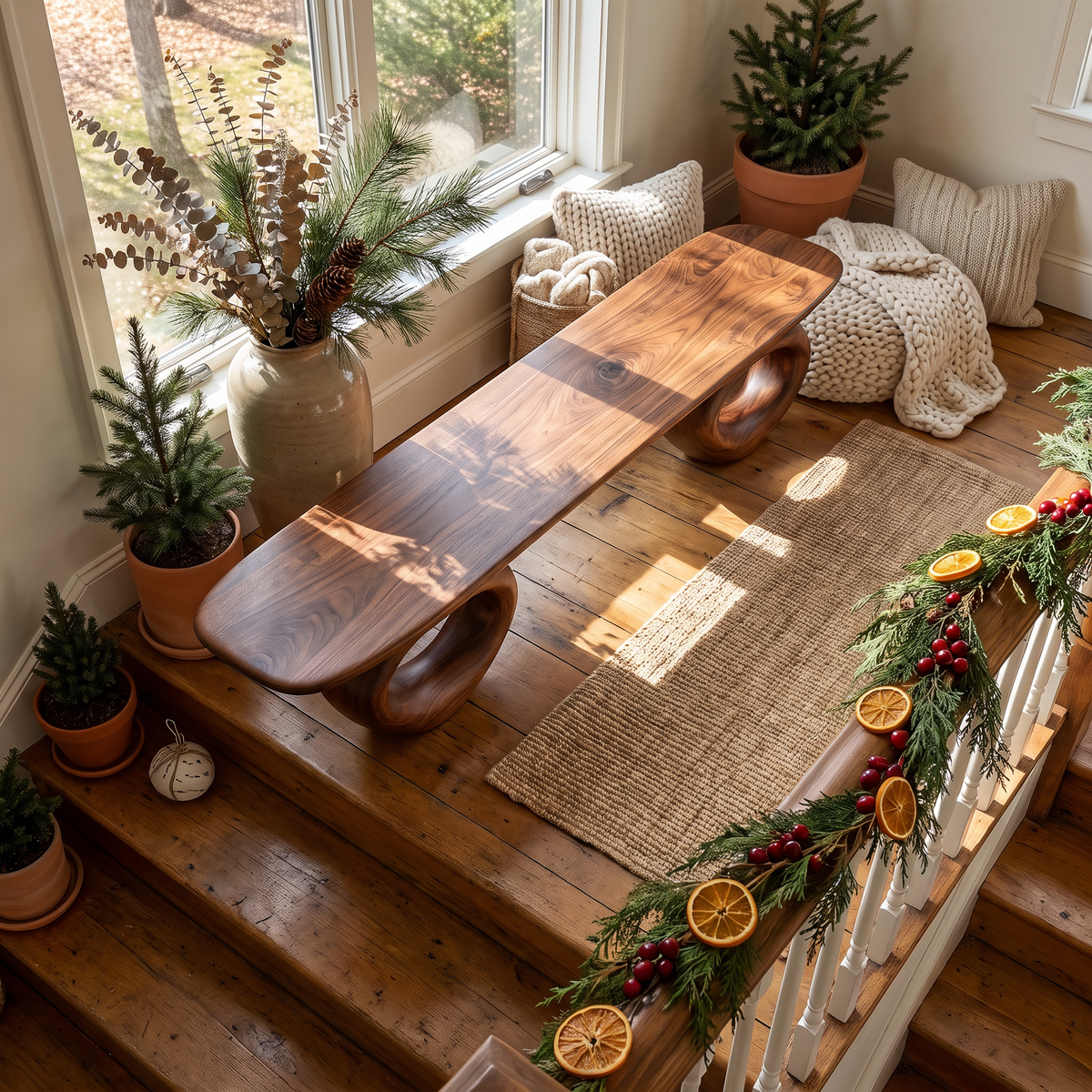 Bench Solid Wood with Sculptural Ring Base and Flowing Live Edge Seat
