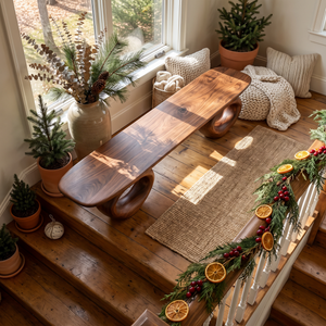 Bench Solid Wood with Sculptural Ring Base and Flowing Live Edge Seat