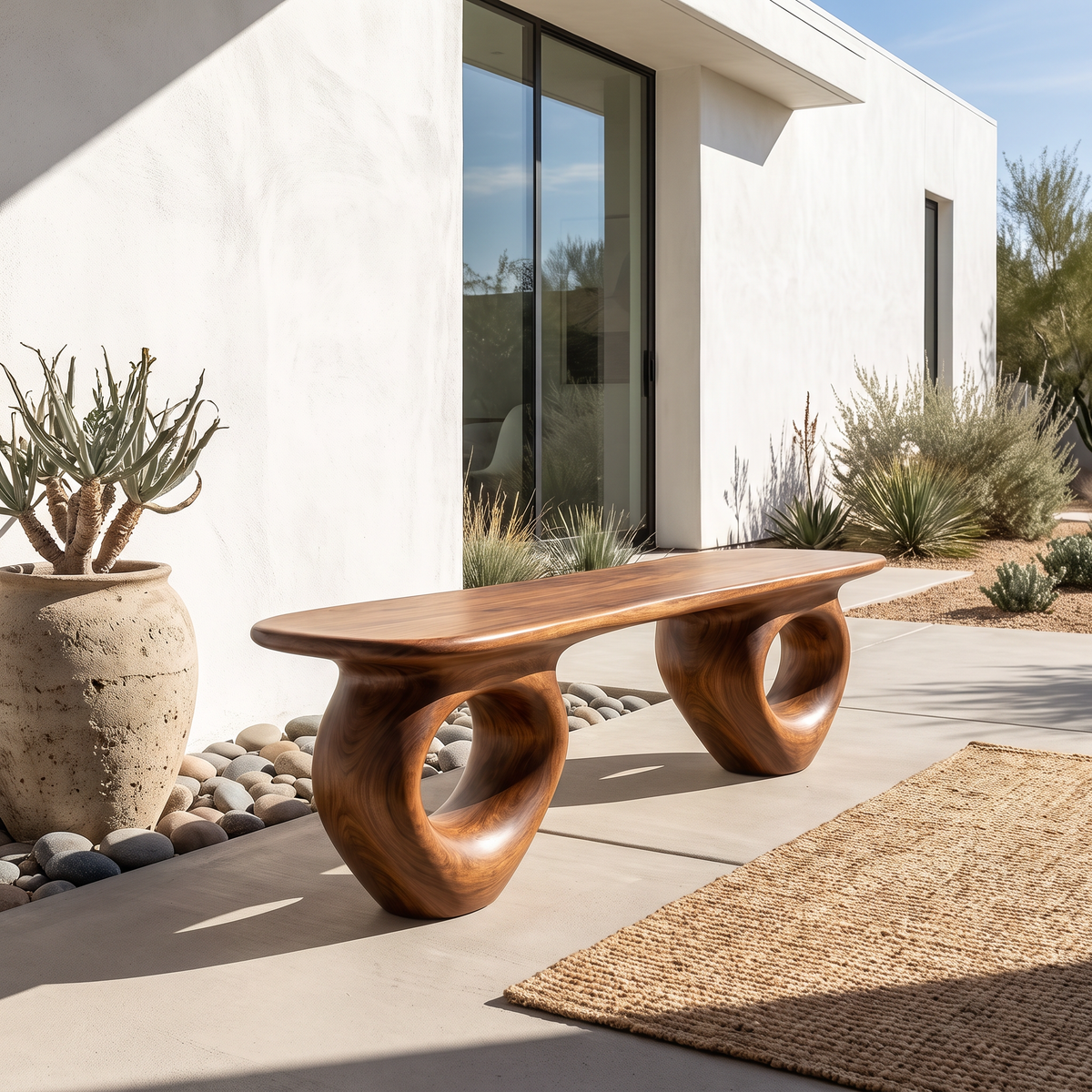 Bench Solid Wood with Sculptural Ring Base and Flowing Live Edge Seat