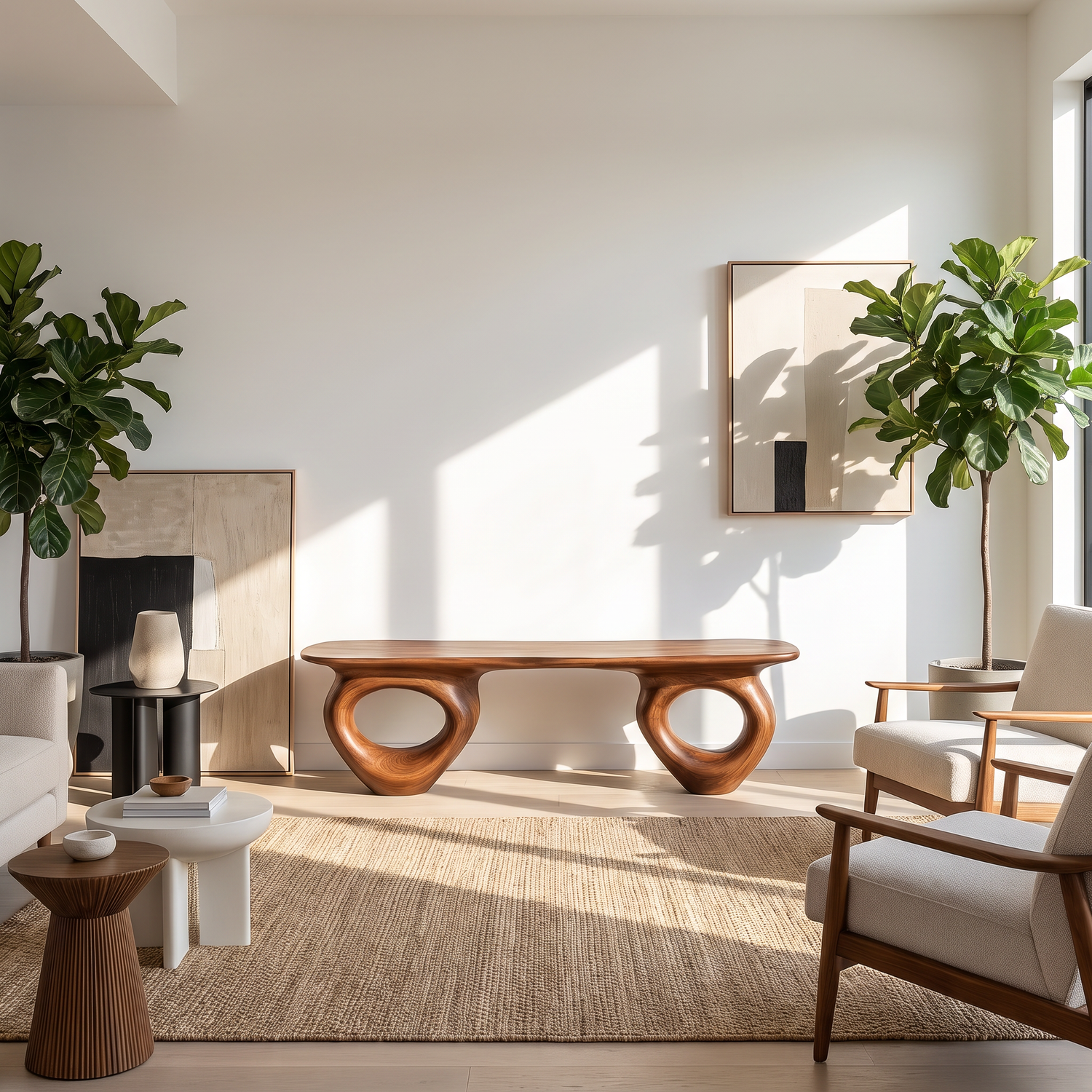 Bench Solid Wood with Sculptural Ring Base and Flowing Live Edge Seat