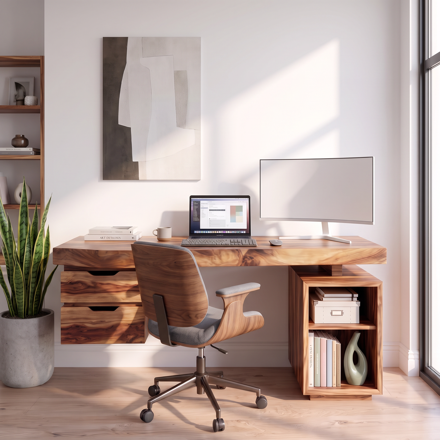 Contemporary Solid Wood Desk With 2 Drawers And Open Shelf For Home Office