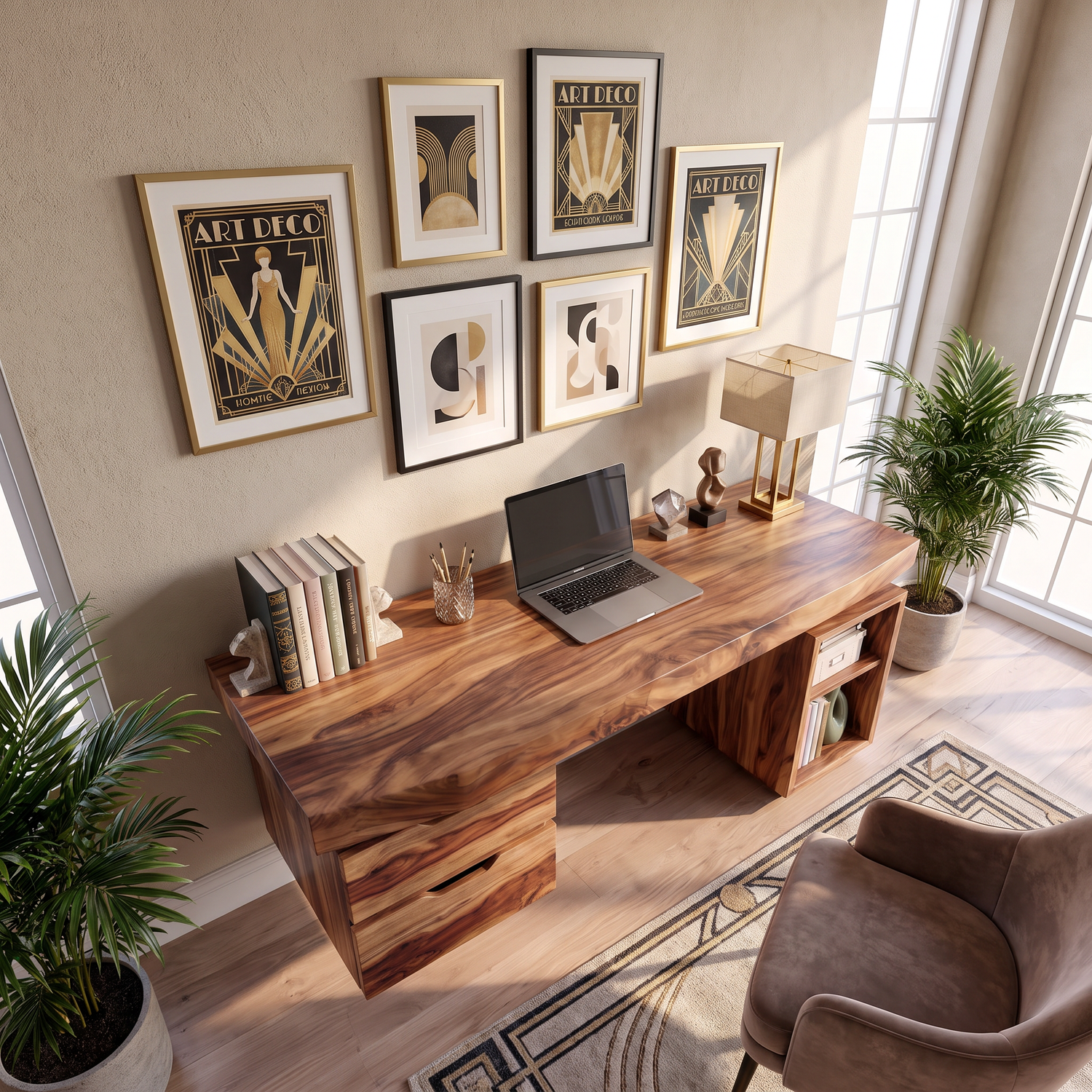 Contemporary Solid Wood Desk With 2 Drawers And Open Shelf For Home Office