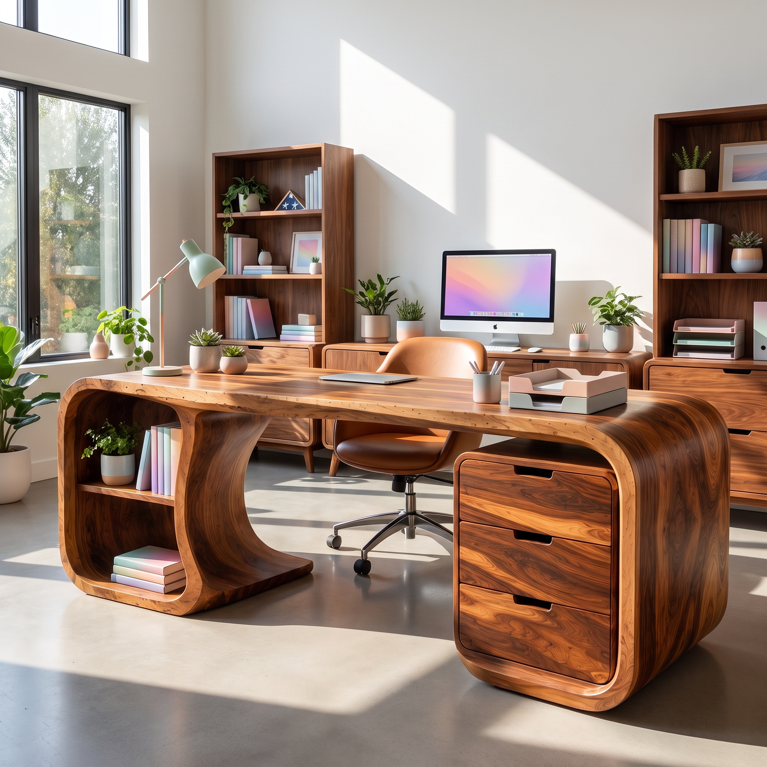 Curved Solid Wood Desk With 3 Drawers And Open Shelf For Home Office