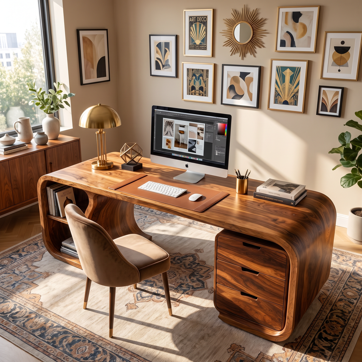 Curved Solid Wood Desk With 3 Drawers And Open Shelf For Home Office