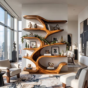 Organic Solid Wood Bookshelf with Tree Branch Inspired Sculptural Shelves