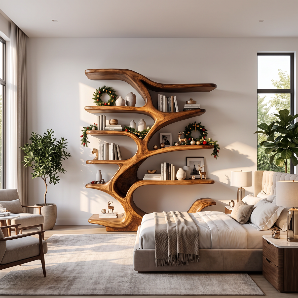 Organic Solid Wood Bookshelf with Tree Branch Inspired Sculptural Shelves